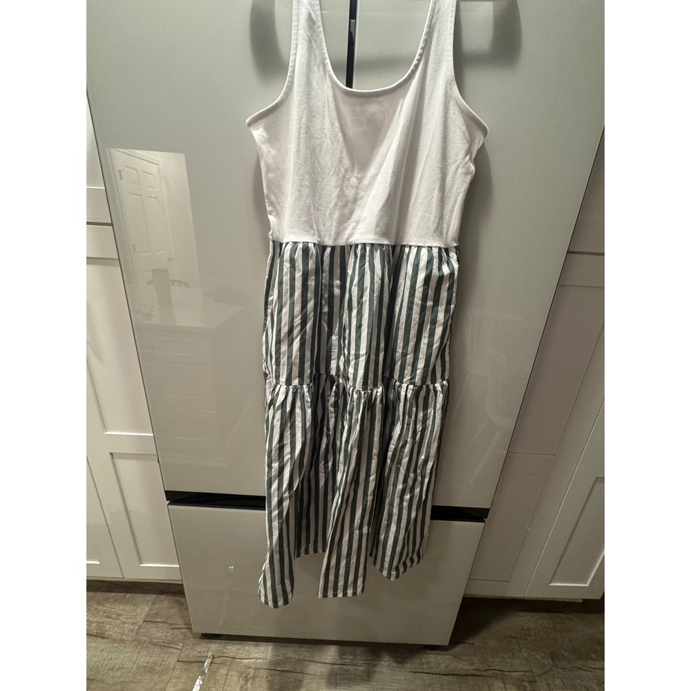 J.Crew Womens Tiered Striped Mixed Media Midi Dress White Green Sleeveless L - Picture 4 of 4